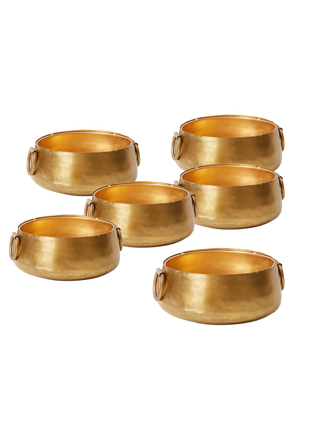 Serene Spaces Living Decorative Gold Iron Handi Bowl with Handle, Large Centerpiece Bowl - Traditional Indian Style Urli for Home, Diwali, Potpourri, Measures 3.75" Tall & 9" Diameter, Set of 6