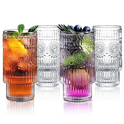 Joeyan Vintage Glassware Drinking Glasses Set of 4, 340ml Highball Glass Cups, Embossed Clear Tall Water Tumbler with Pattern for Cocktail, Beer, Whiskey, Juice, Iced Coffee Tea and Mixed Drinks
