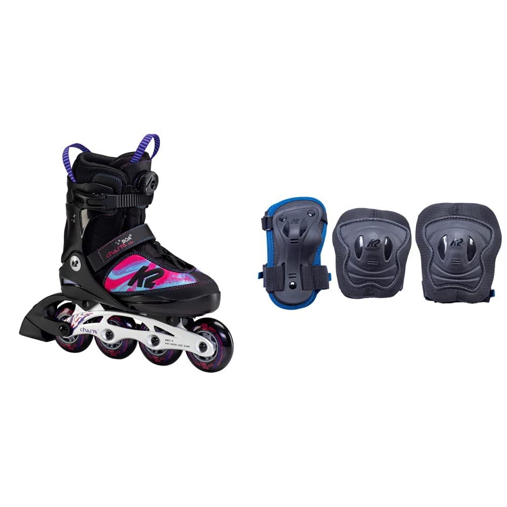 K2 Inline Skates Charm BOA ALU Für Mädchen, Black - Pink & Skates Mädchen Raider PRO PAD Set, Blue, S (Knee: A:27-31cm B:25-29cm / Elbow: A:22-25cm B:20-23cm / Wrist: A:17-19cm B:14-16cm)