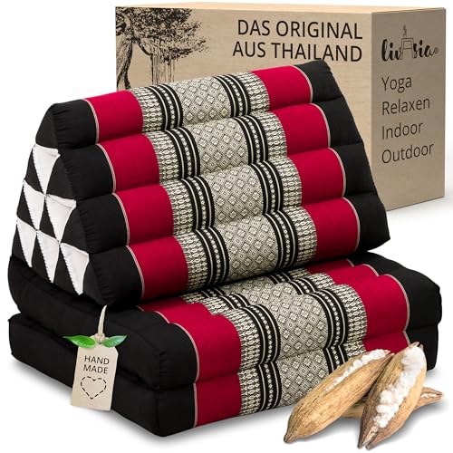livasia Thaikissen mit 2 Auflagen - 120x50x8cm - Dreieckskissen mit Sitzkissen, Keilkissen mit Kapok, Rückenkissen faltbar, Thaimatte zum Klappen,...