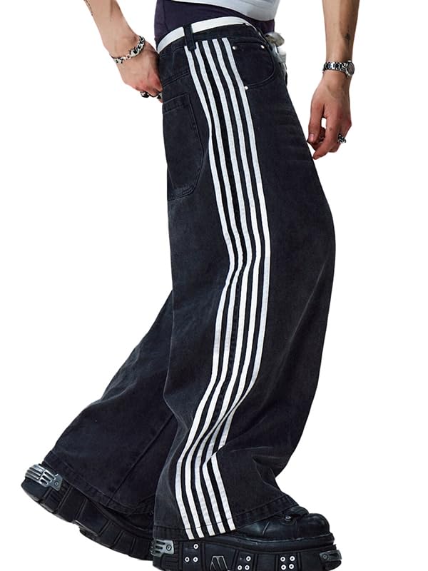 Mens Baggy Jeans Wide Leg, Black Skater Striped Jnco Y2k Denim