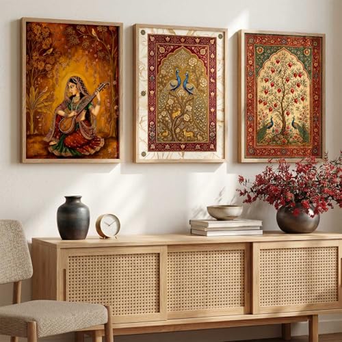 Image of kotart Decorative Traditional Wall Art Home Decor Madhubani Painting poster With Frame For Living Room Bed Room Hotel Wall Decor Digital Reprint Set of 3 (10X13 INCH)