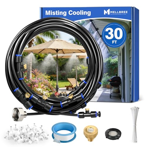 Mellbree Misters for Outside Patio 30FT/9M, Pre-Assembled Misting Cooling System with 8 Brass Nozzles & 3/4' Adapter, Outdoor Mister for Backyard, Garden, Greenhouse, Chicken Coop, Dog House