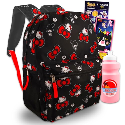 Hello Kitty Backpack for Girls - Bundle with 16” Hello Kitty School Backpack with Front Pocket Plus Water Bottle, Stickers, More | Hello Kitty Backpack for School