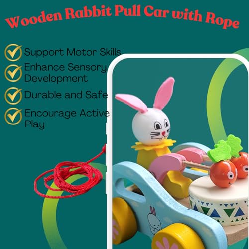 Image of Wooden Rabbit Pull Along Toy with Drum and String - Musical Bunny Car for Toddlers | Montessori Early Learning Activity | Motor Skill & Sensory Development | Birthday Gift | 1-5 Years