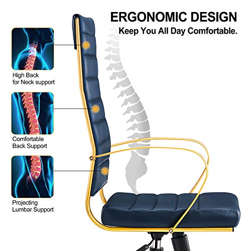 Luxmod High Back Gold Office Chair In Blue Leather, Ergonomic Office Chair In Vegan Leather, Highback Desk Chair With Back Support, Executive Chair, Manager Blue And Gold Chair #TOP1