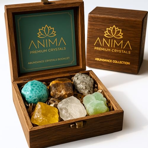 Anima Premium Abundance Healing Crystals Set for Success & Good Luck - Large Raw Citrine, Pyrite, Tigers Eye, Green Aventurine, Amazonite & Clear Quartz - Wooden Gift Box and Guide Booklet Included