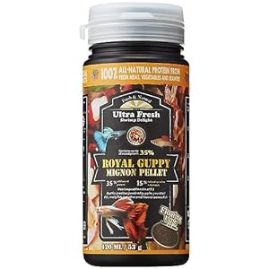 Ultra Fresh Royal Guppy Mignon Pellet, All Natural Guppy Food, Sword Prawns, Spirulina, Highly Nutritious, for Cleaner Water and More Vibrant Color 1.87 oz