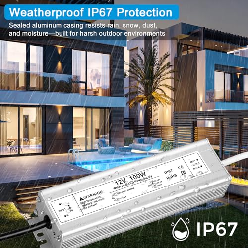Image of 12V 100W LED Power Supply, IP67 Waterproof LED Driver, AC 110V to DC 12 Volt 8.5A Low Voltage Transformer Converter for Outdoor LED Strip & Landscape Lighting, 3-Prong Plug with 3.3FT Cable