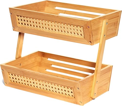 Gennua Kitchen Bamboo Fruit Basket for Kitchen Counter & Beyond | Elegant 2-Tier Vegetable & Fruit Holder Combines Beautiful Solid Bamboo & Breathable Rattan Mesh for Produce Storage & More