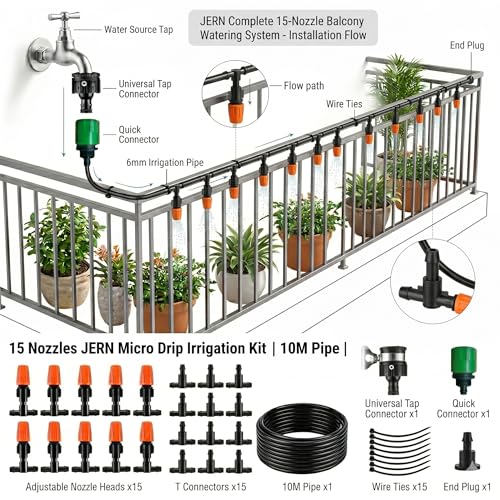 Image of JERN DIY 15 Nozzle Drip Irrigation Kit for Plants, Automatic Plant Watering System with Misting Cooling Nozzles, DIY Garden Irrigation Set for Balcony, Terrace, Lawn, Patio, Greenhouse & Outdoor Use