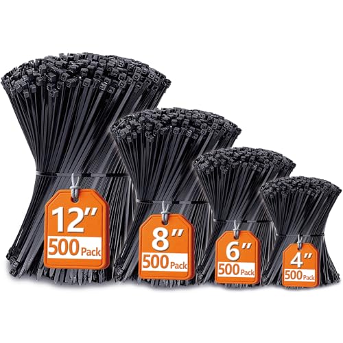 Zip Ties Assorted Sizes(4”+6”+8”+12”), 2000 Pack, Black Cable Ties, UV Resistant Wire Ties by ANOSON