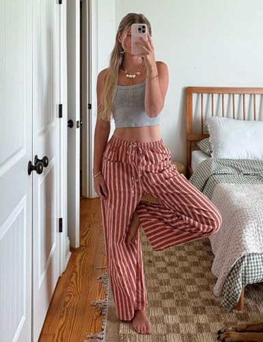 Image of Kissonic Women Striped Pants Casual Drawstring Wide Leg Trousers Loose Lounge Pajama Pants with Pockets