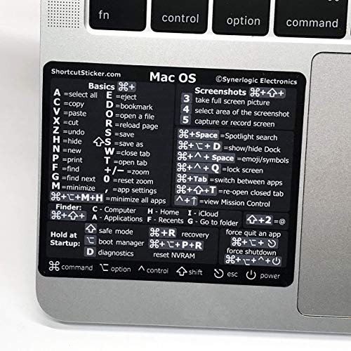SYNERLOGIC Mac OS Big Sur/Catalina/Mojave/etc. Reference Keyboard Shortcut Sticker v2.0 Premium Black Matte Vinyl, Temporary Adhesive, 3.25\"x2.75\"- For Intel Macbook Air/Pro 13\",15\",16\", iMac/Mac Mini