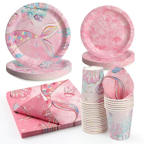 PARTY GO Vajilla de fiesta de 96 piezas rosa cola de sirena cumpleaños fiesta platos fiesta...
