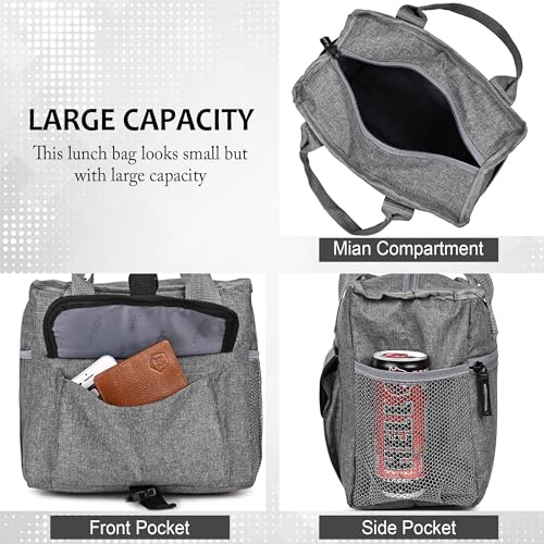 Image of Wooum Lunch Bag for Office, Lunch Bag for Men & Women, Insulated Lunch Bag, Adult Lunch Tote Bag, Wide-Open Tiffin Bag with Handle, Side Pocket, Travel Lunch Pouch for Picnic (Grey)