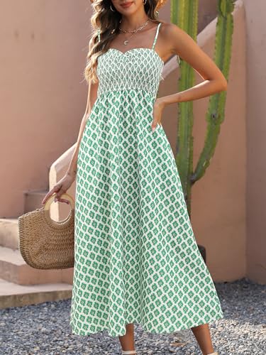 Image of Gardenwed Women's Floral Print Maxi Dress,Spaghetti Strap Smocked Bodice A-Line Sundress with Pockets