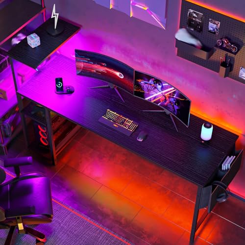 Image of Bestier 61 Inch Gaming Desk with LED Lights, Reversible Shelves, Height Adjustable Shelf, Steel Frame, CARB P2 Class Board, Black 3D Carbon Fiber