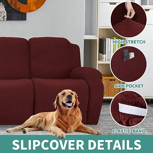 Image of YEMYHOM 8 Pieces Stretch Recliner Sofa Cover Jacquard Reclining Couch Cover with Side Pocket Anti-Slip Fitted 3 Cushion Furniture Slipcovers with Elastic Bottom (Large, Wine Red)