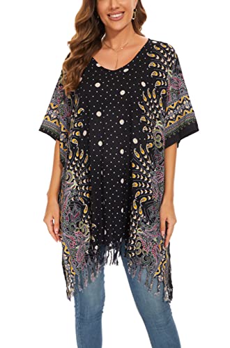 Beautybatik Women Plus Size Tunic Tops Boho Flora Printed Short Sleeve V Neck Shirt XL to 4X