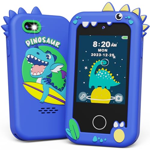 KOKODI Kids Smart Phone Toys, Touchscreen HD Dual Camera Cell Phone for Kids, Birthday Gifts Dinosaur Toddler Play Phone for Boys 3-10, Travel Learning Toy for Kids with 8GB SD Card(Navy Blue)