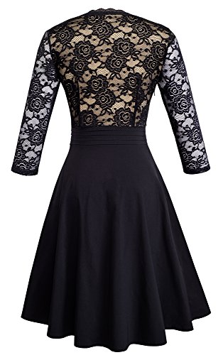 HOMEYEE Women's Chic V-Neck Lace Patchwork Flare Party Dress A062 (6, Black)