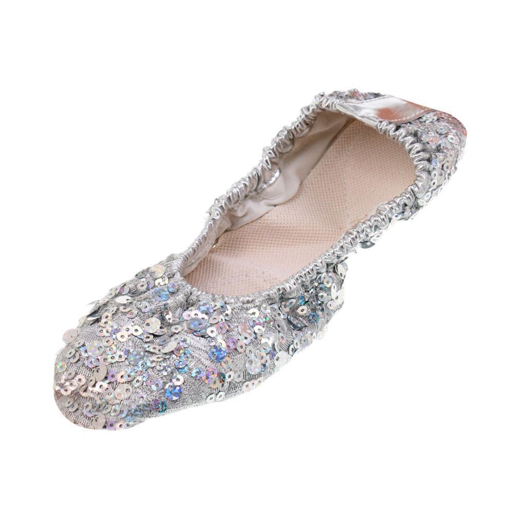 FABLOFT Belly Dance Shoes Soft Soles Dance Performance Shoes with Sequins XL Silver
