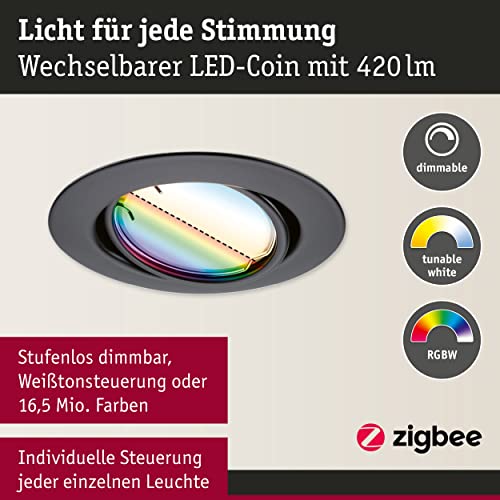 Paulmann 92468 LED Einbauleuchte Base Smart Home Zigbee Basisset schwenkbar rund 230V 3x4,9W 3x420lm dimmbar 90mm Schwarz matt Metall RGBW+