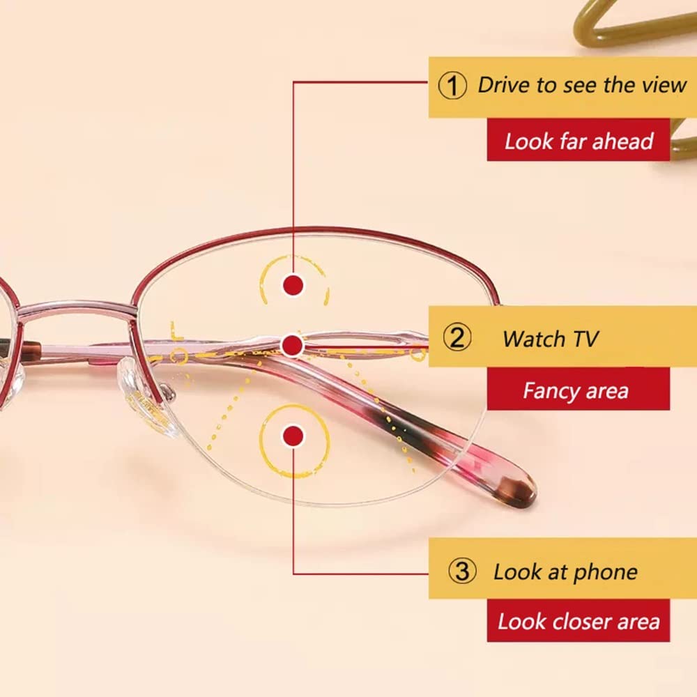 FREAZE +3.0 Rot Halber Rahmen Brille Lesehilfe Mode Damen Lesebrillen Gleitsichtbrille Mit Federscharnier Metallrahmen(Kratzfest) (Color : Silver, Size : +2.5)