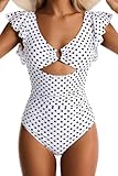 EVOCRCO Women's One Piece Swimsuits Tummy Control Ruffle Bathing Suit Cutout Slimming Swim Suit V Neck Ring Linked Swimwear Polka Dot