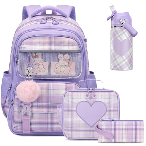 Bevalsa Kids Backpack for Girls with Insulated Water Bottle, Plaid Pink Bookbag Backpack for Girls Kid, 14oz Termos Kids Water Bottle Stainless Steel, Lunch Bag & Pencial Case, Back To School Gift