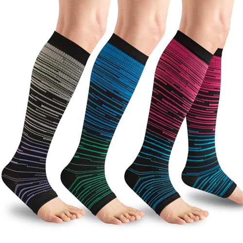 Image of Open Toe Compression Socks for Men & Women - 3 Pairs 15-20 mmhg Toeless Knee High Stockings for Circulation, Nursing, Running