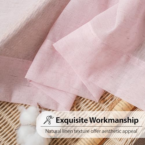 Image of FMFUNCTEX Linen Sheer Curtains for Bedroom, Pink Curtains 96 inches Long for Living Room, Blush Pink Farmhouse French Flax Blend Window Draperies, Rod Pocket 2 Panels Set
