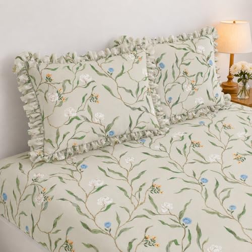 Image of 350 TC Premium Heavy Cotton Feel Elastic Fitted Bedsheet King Size with 2 Frill Pillow Covers King Size || Double Bed with All Around Elastic (Gray&Green, Double)