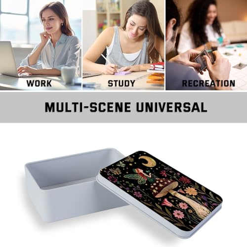 Image of Metal Tin Box with Lid,Multi-functional Storage Box Can Store Tea Biscuits Game Cards, Playing & Tarot Cards-Comes with 4 Magnetic Cord Clips,Mushroom Fairy