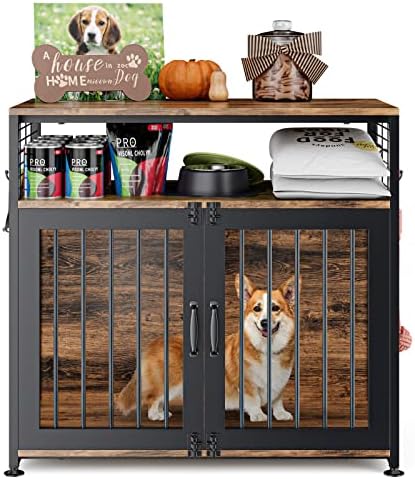Dog Crate Furniture, Woueniut Heavy Duty Cage with Storage Shelf and 4 Hooks, Indoor Kennel Furniture Style, Double Doors House (Int Dims: 31.5”Wx17”Dx19.7”H)