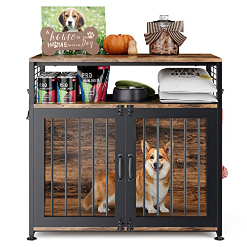 Dog Crate Furniture, Woueniut Heavy Duty Cage With Storage Shelf And 4 Hooks, Indoor Kennel Furniture Style, Double Doors House (Int Dims: 31.5”Wx17”Dx19.7”H) #TOP30