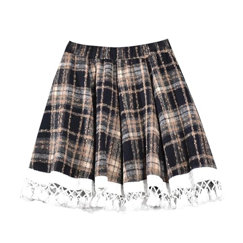 Women's Pleated Skirts with Shorts Woolen Plaid Fall Winter Elastic High Waist Uniform Tennis Casual Mini Skirt Navy