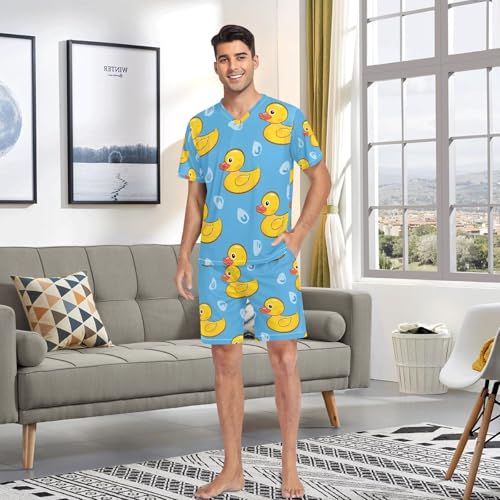 Men's Pajama Set Yellow Ducks Blue Background Short Sleeve with Shorts Pockets Sleepwear Set Summer Loungewear4