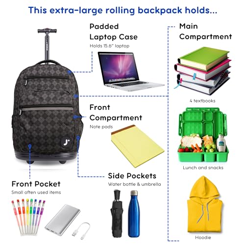 Image of J World Sundance Laptop Rolling Backpack for Girls Boys. Roller Bookbag with Wheels, 20 Inch, Argyle Black