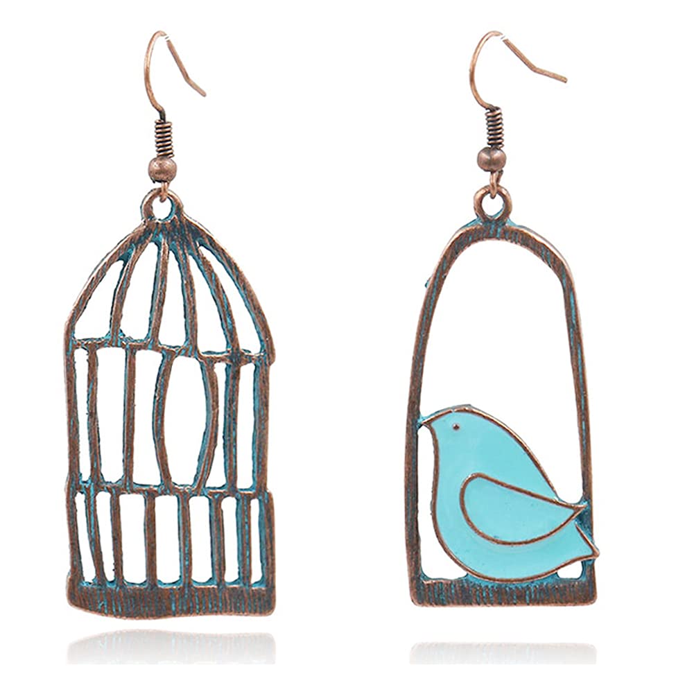 DIYANMMYUnique Personalized Hollow Bronze Asymmetric Bird Cage Dangle Drop Earrings for Women Vintage Bohemian Hypoallergenic Jewelry