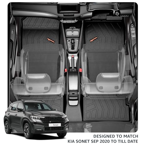 Image of Amazon Basics - 5D Car Floor Mats for Kia Sonet (Sep 2020-Present) | All-Weather Protection | Custom Fit | Virgin Polymer | Odor-Free| TPE | Black