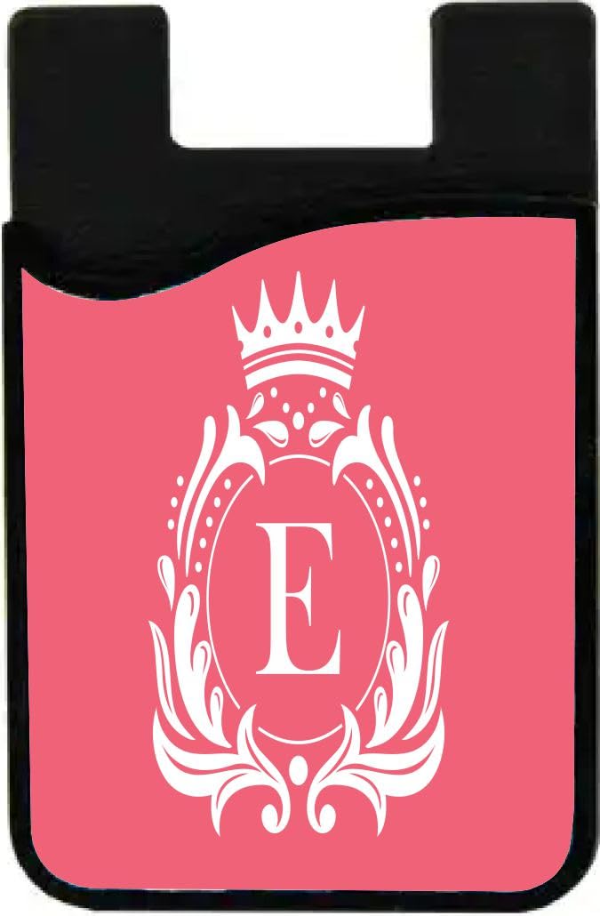Island Gifting - Letter E Monogram - Fancy Crown on Rose Pink Design - Stick-on ID Card Holder for iPhone/Galaxy/Google Android Cases