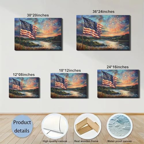 Image of Framed American Flag Sunset Fireworks Wall Art, Patriotic 4th of July Canvas Art Pictures, USA Flag Wall Decor for Living Room Man Cave Bar, Ready to Hang Made in USA