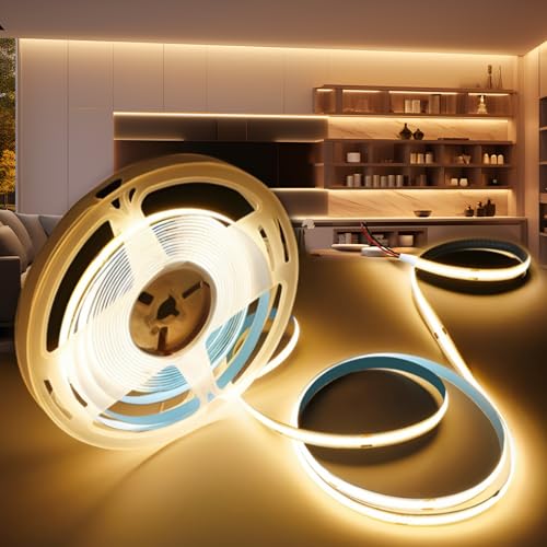 BAGZY COB LED Strip Light 12V 5M/16.4ft Width 8mm Warm White 3000K Self Adhesive Flexible Cuttable 320LEDs/M Tape Lights CRI90+ Uniform Dotless for Kitchen Under Cabinet Living Room (No Power Supply)