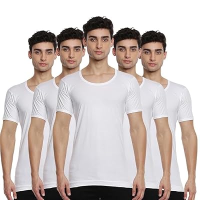 RAMRAJ COTTON Men's Half Sleeve White Cotton Inner Vest Combo(Pack of 5)