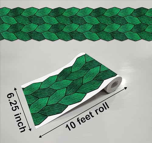 Image of WallDesign Leafy Emerald Self-Adhesive Tile Stickers for Cupboard, Panel, Cabinet, Furniture, Table, Glass, Wall - 6.25 in X 10 Ft Border