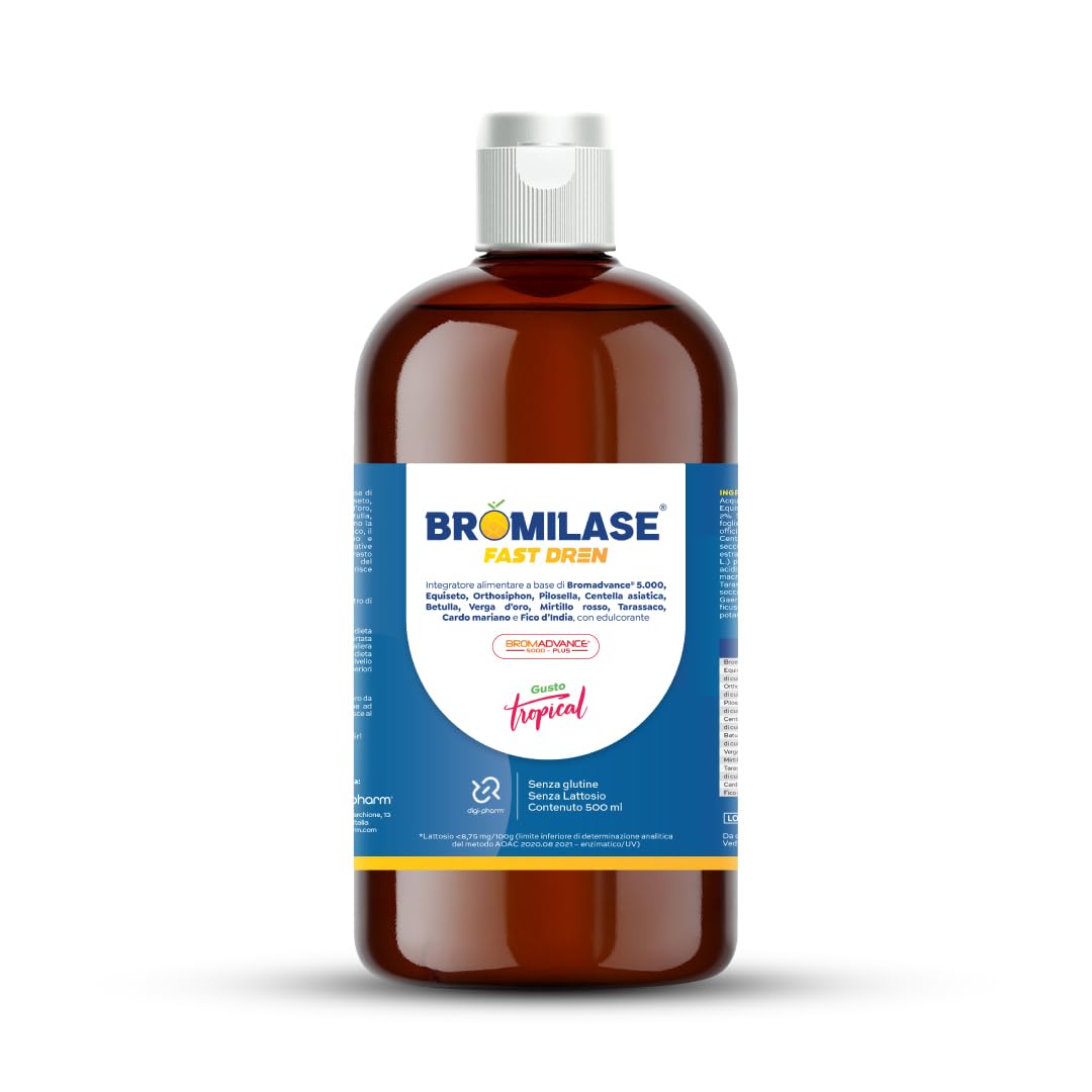 Fast Dren Integratore Bromelina Liquido 500 ml, Drenante Detox con Bromadvance 5000, Equiseto, Orthosiphon, Pilosella, Centella, Betulla e Tarassaco, Gusto Tropical, Senza Glutine e Lattosio