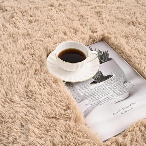 Image of AROMICK Modern Polyester Anti Slip Shaggy Fluffy Rug and Carpet for Living Room, Bedroom & Dining Room (3 x 5 Feet, Beige)