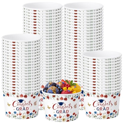 Image of Funnymoom 50 Pack Red White Blue Wildflower Graduation Ice Cream Cups 9 oz Class of 2026 Congrats Grad Disposable Dessert Snack Cups Floral Graduation Paper Soup Bowls for College High School Party
